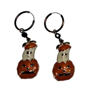 Vintage Halloween Ghost & Jack-O-Lantern Enamel Dangle Hoop Earrings